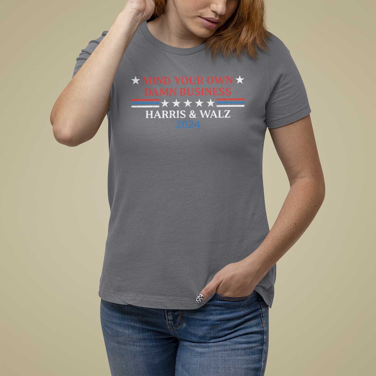 Funny Harris Walz 2024 T Shirt For Women Mind Your Own Damn Business American Flag - Wonder Print Shop
