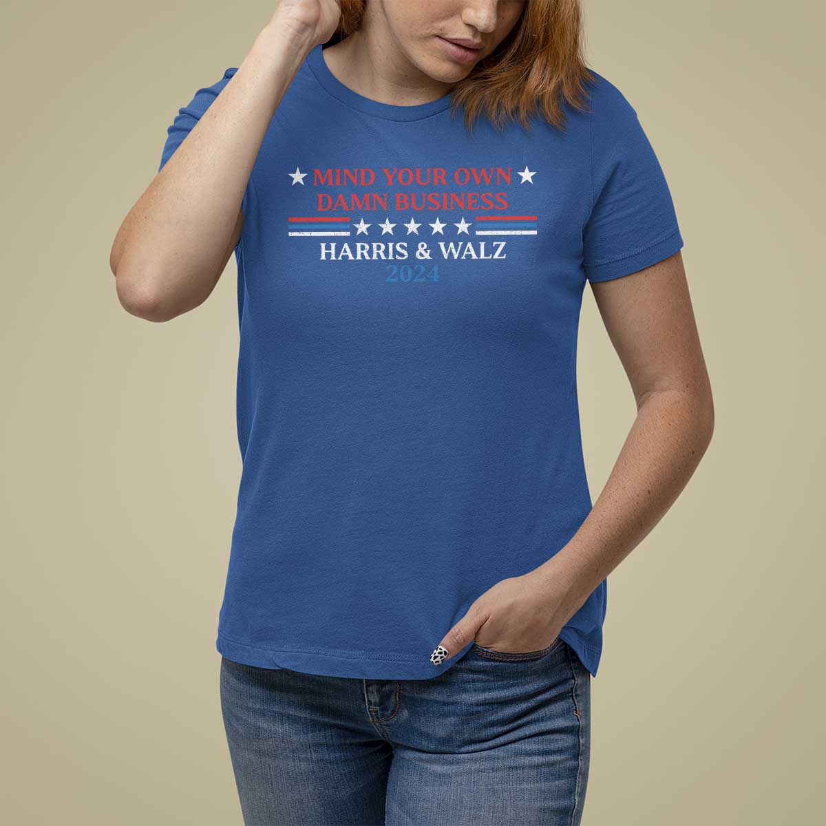 Funny Harris Walz 2024 T Shirt For Women Mind Your Own Damn Business American Flag - Wonder Print Shop