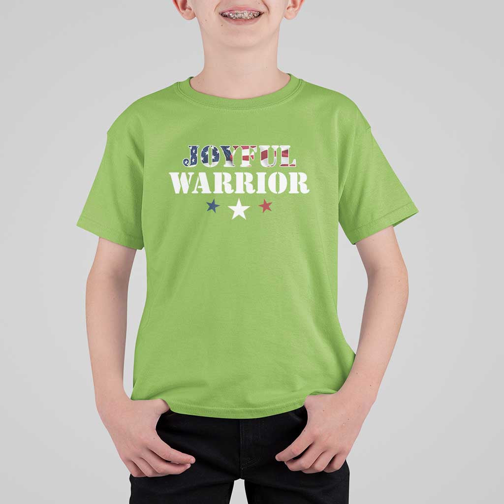Harris Walz 2024 T Shirt For Kid Joyful Warrior American Flag Political Stars - Wonder Print Shop
