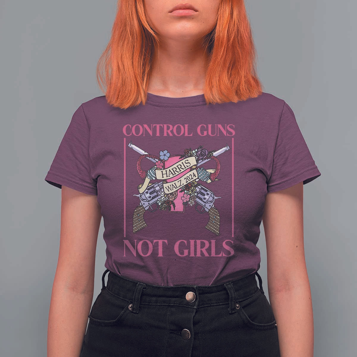 Harris Walz Feminist T Shirt For Women Control Guns Not Girls Women's Rights Roses Uterus - Wonder Print Shop