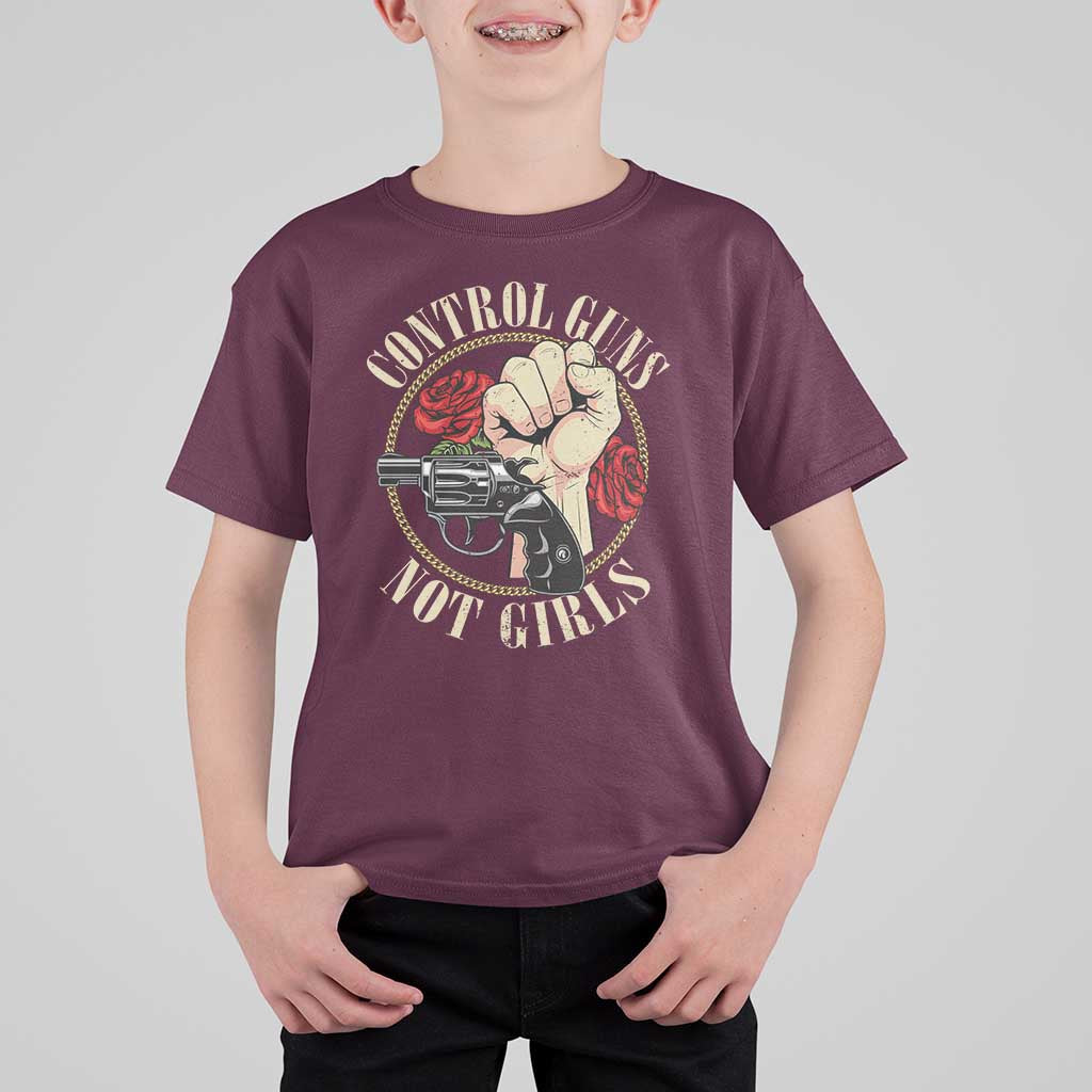 Harris Walz Feminist T Shirt For Kid Control Guns Not Girls Women's Rights Roses Hand Fist - Wonder Print Shop