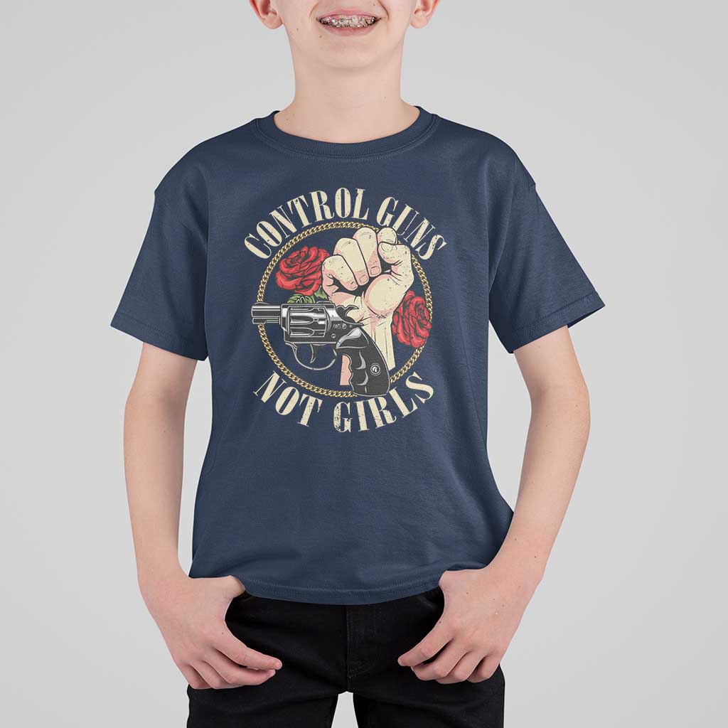 Harris Walz Feminist T Shirt For Kid Control Guns Not Girls Women's Rights Roses Hand Fist - Wonder Print Shop