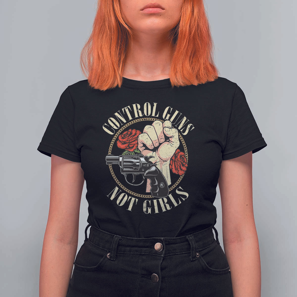 Harris Walz Feminist T Shirt For Women Control Guns Not Girls Women's Rights Roses Hand Fist - Wonder Print Shop