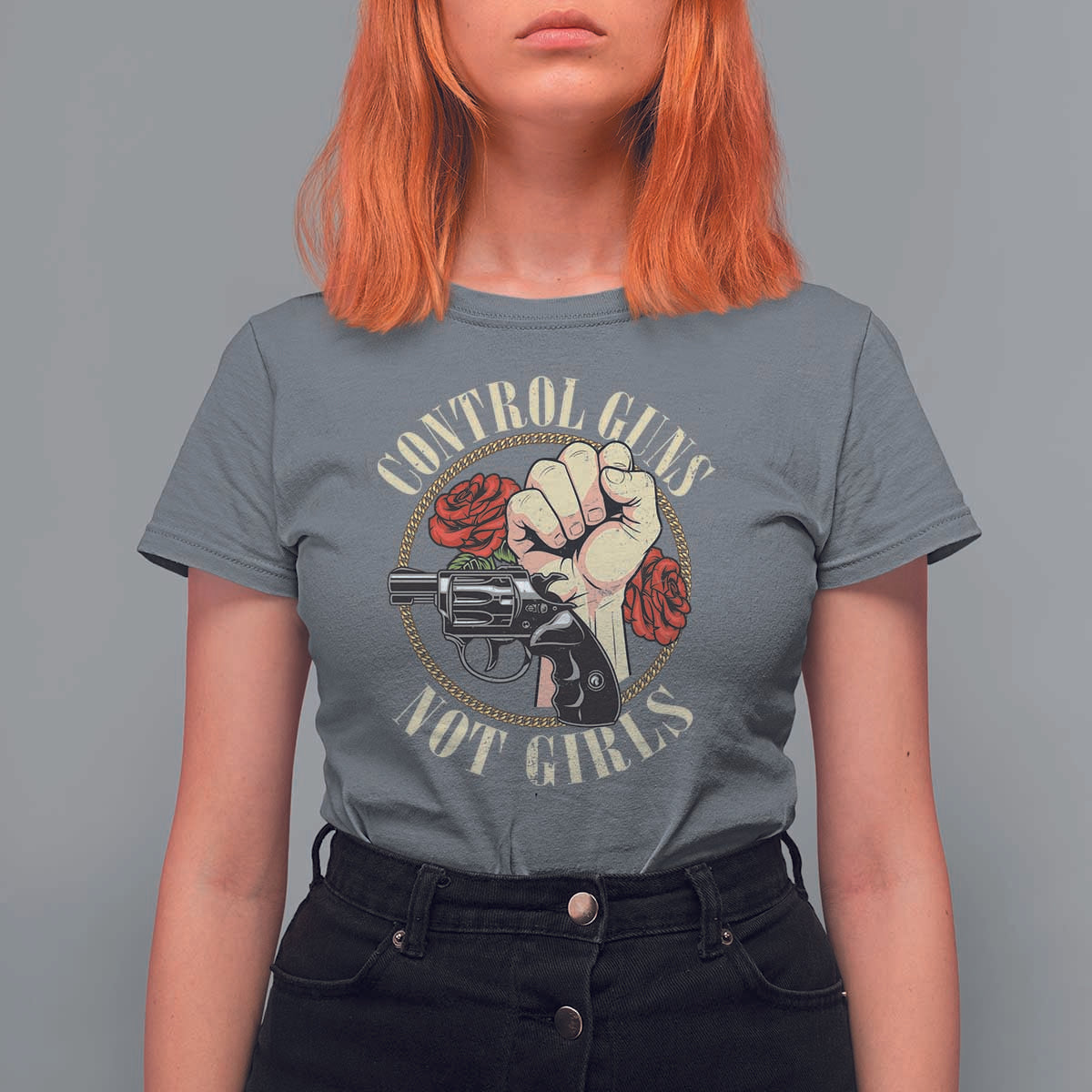 Harris Walz Feminist T Shirt For Women Control Guns Not Girls Women's Rights Roses Hand Fist - Wonder Print Shop