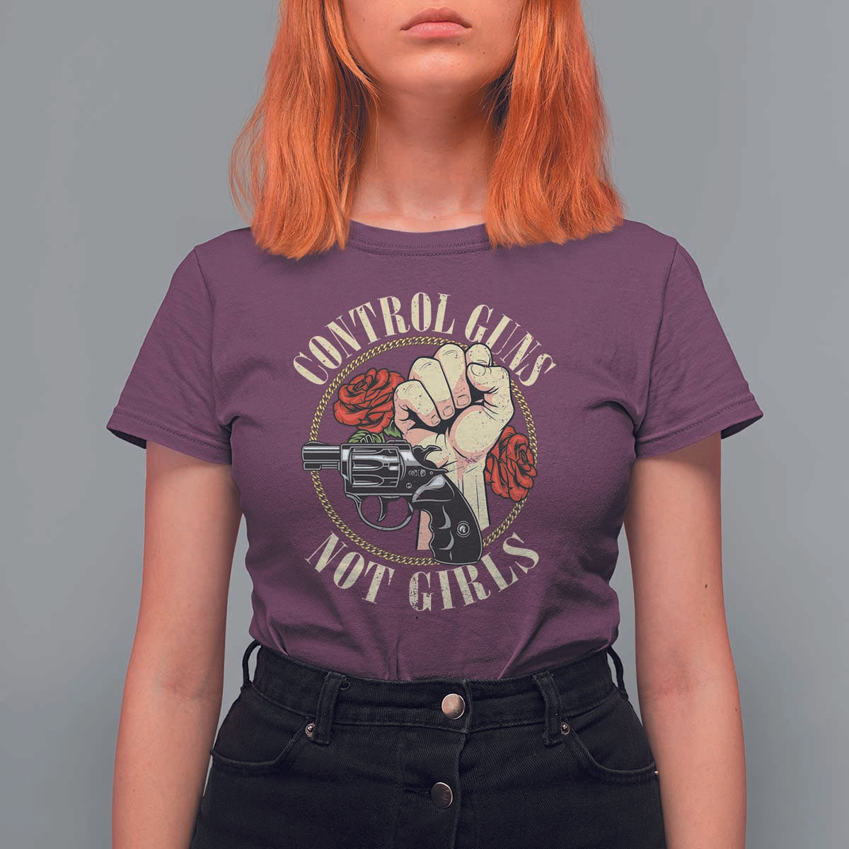 Harris Walz Feminist T Shirt For Women Control Guns Not Girls Women's Rights Roses Hand Fist - Wonder Print Shop