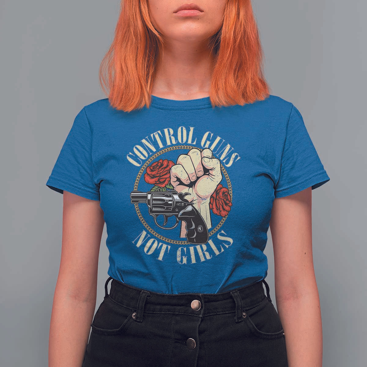 Harris Walz Feminist T Shirt For Women Control Guns Not Girls Women's Rights Roses Hand Fist - Wonder Print Shop