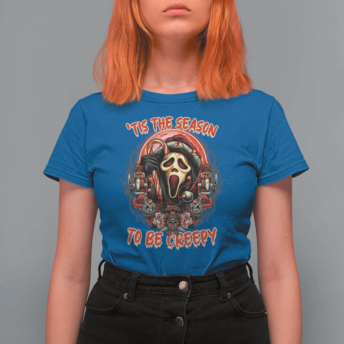Halloween Christmas T Shirt For Women Tis The Season To Be Creepy Ghost Horror Xmas - Wonder Print Shop