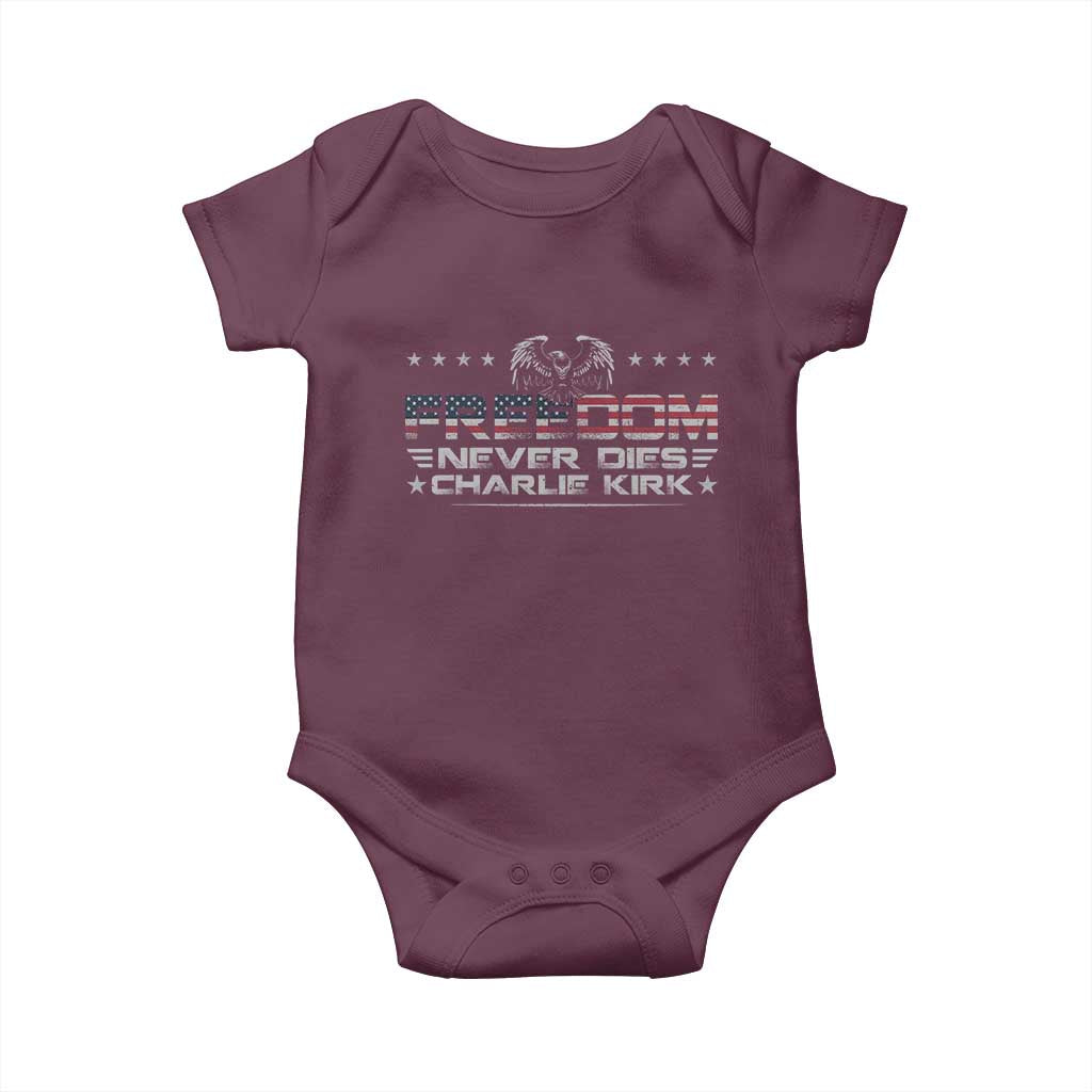 Freedom Never Dies Charlie Kirk Baby Onesie Vintage American Flag - Wonder Print Shop