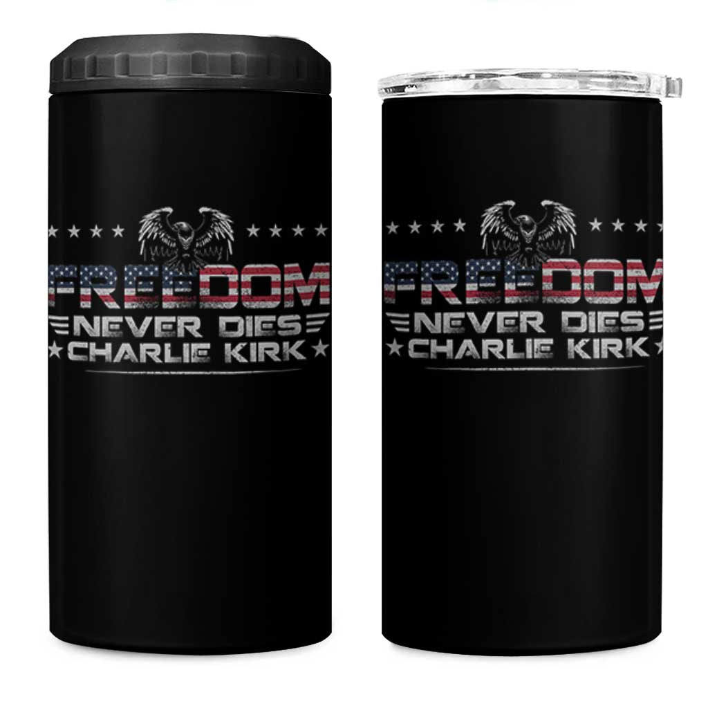 Freedom Never Dies Charlie Kirk 4 in 1 Can Cooler Tumbler Vintage American Flag - Wonder Print Shop