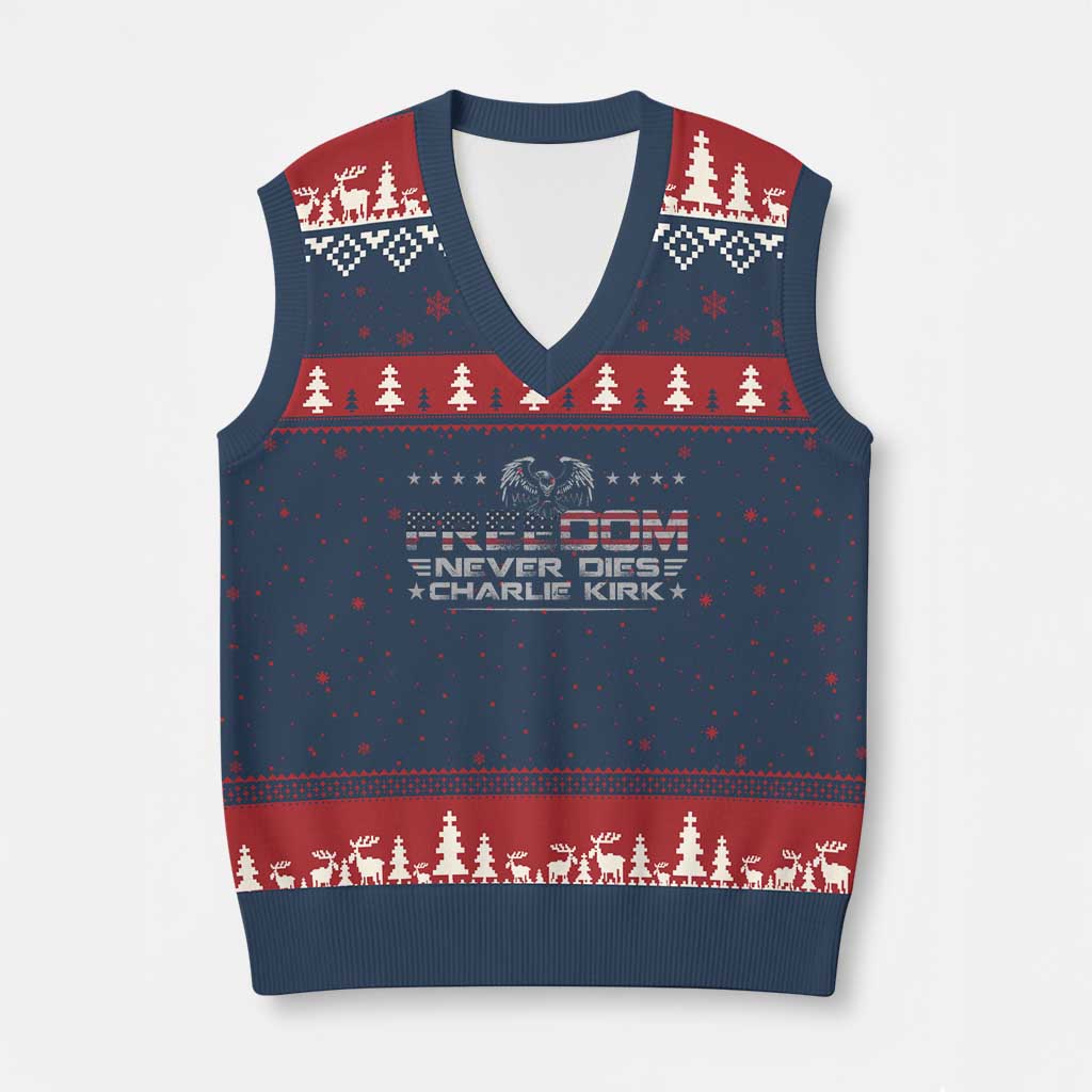 Freedom Never Dies Charlie Kirk V-Neck Knit Sweater Vest Vintage American Flag - Wonder Print Shop