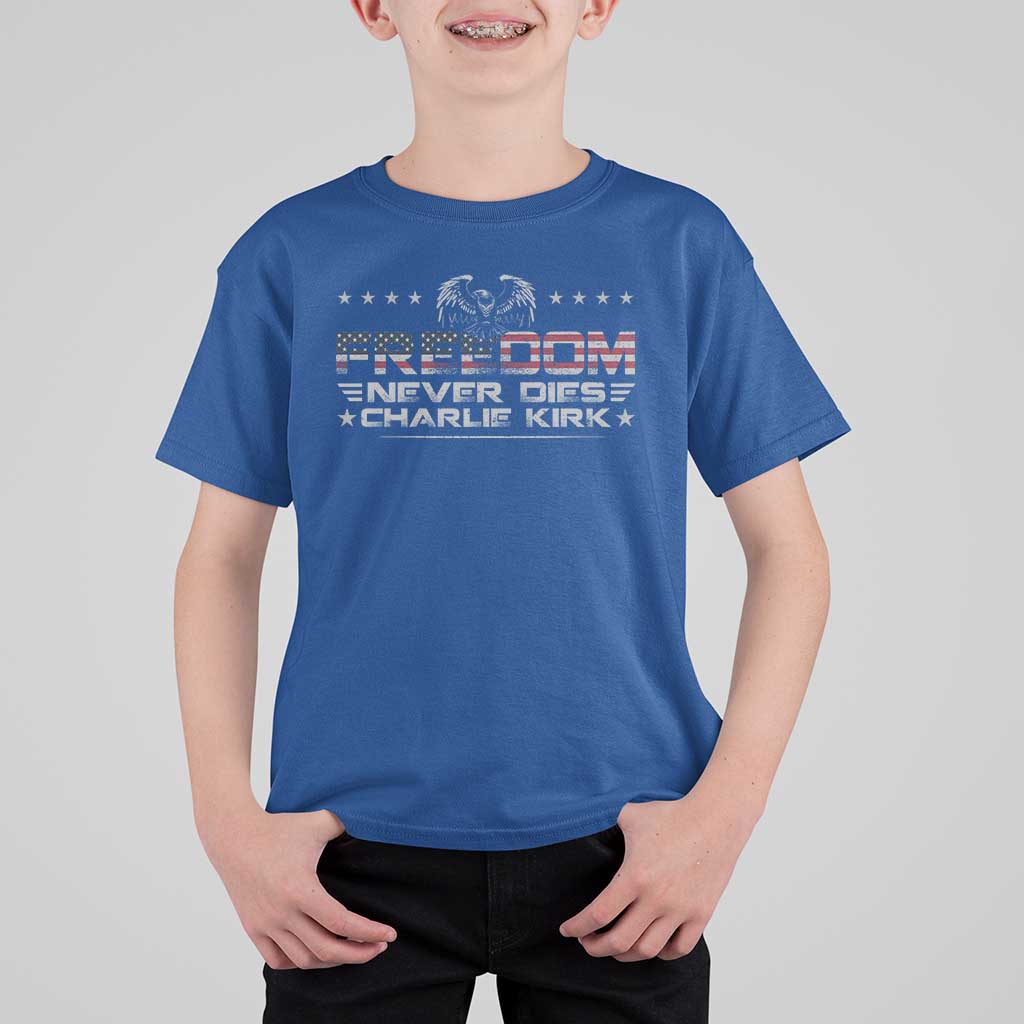 Freedom Never Dies Charlie Kirk T Shirt For Kid Vintage American Flag - Wonder Print Shop