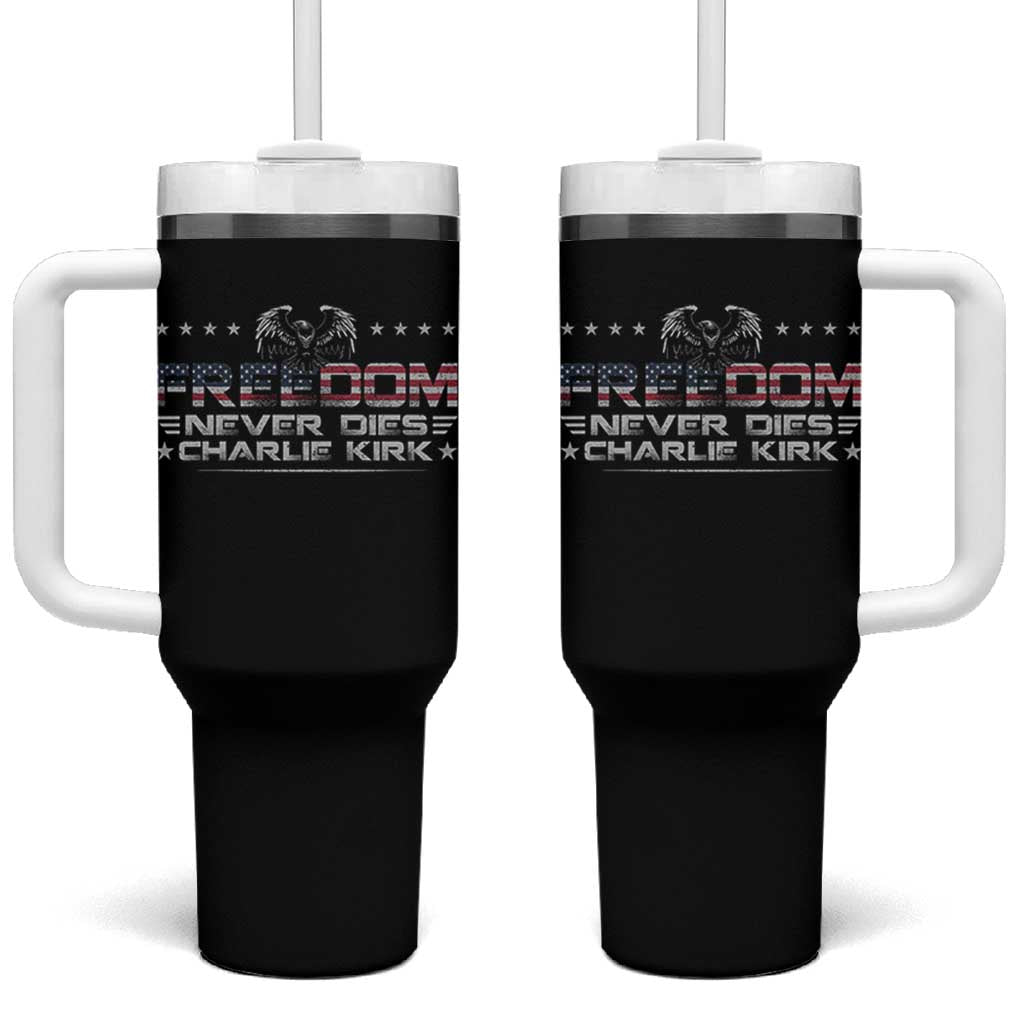 Freedom Never Dies Charlie Kirk Tumbler With Handle Vintage American Flag - Wonder Print Shop