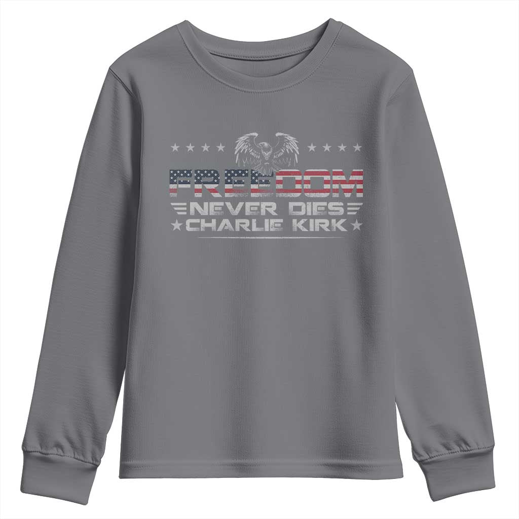Freedom Never Dies Charlie Kirk Youth Sweatshirt Vintage American Flag - Wonder Print Shop