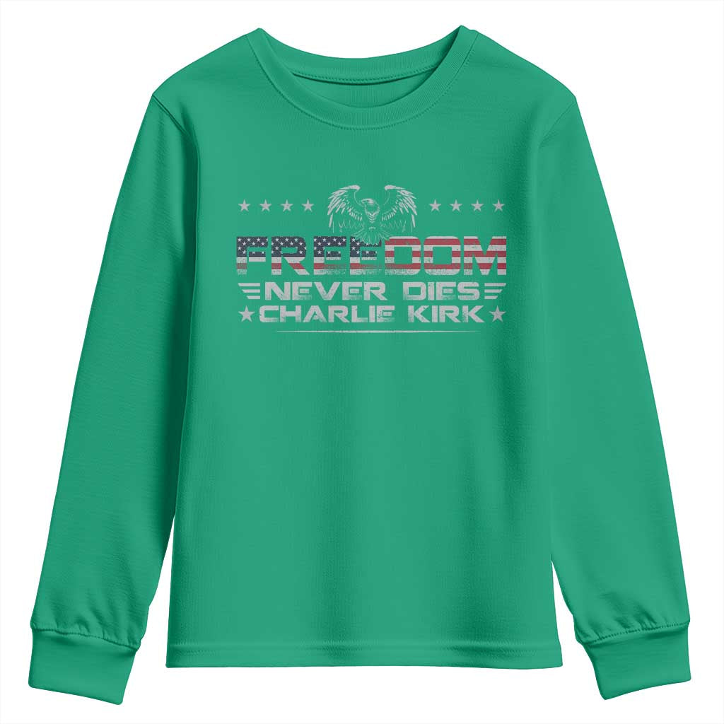 Freedom Never Dies Charlie Kirk Youth Sweatshirt Vintage American Flag - Wonder Print Shop