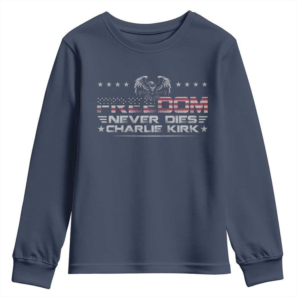 Freedom Never Dies Charlie Kirk Youth Sweatshirt Vintage American Flag - Wonder Print Shop