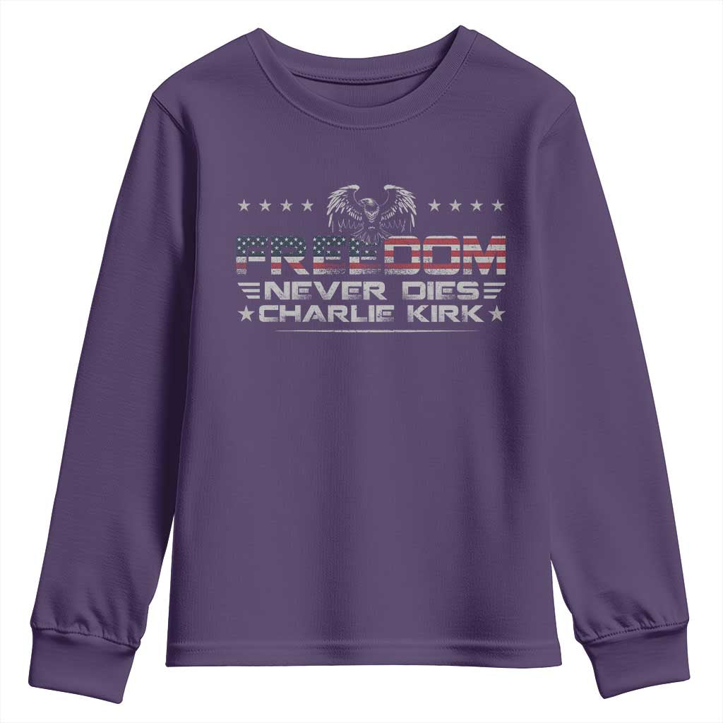 Freedom Never Dies Charlie Kirk Youth Sweatshirt Vintage American Flag - Wonder Print Shop