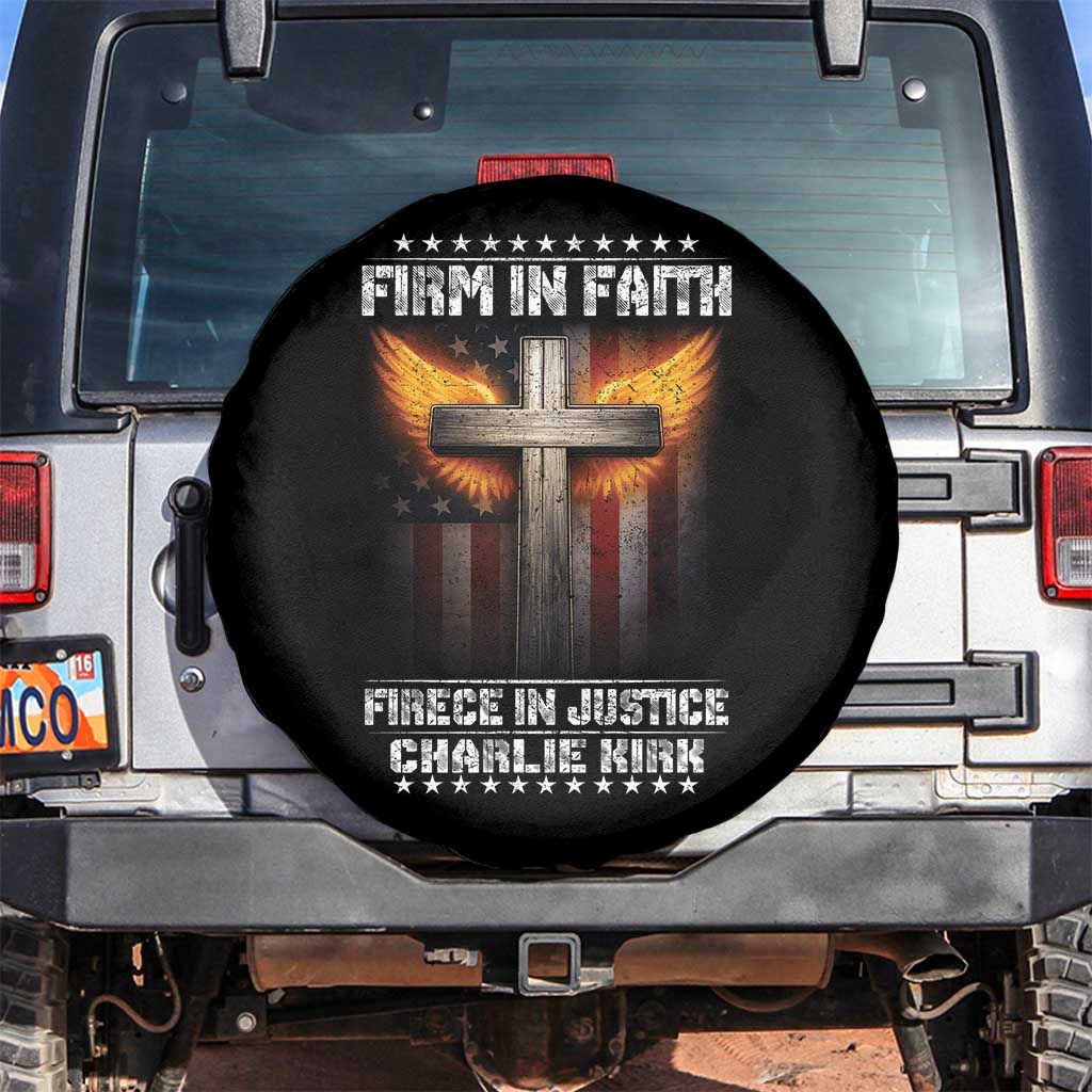 Firm In Faith Fierce In Justice Charlie Kirk Spare Tire Cover Christian Cross American Flag - Wonder Print Shop
