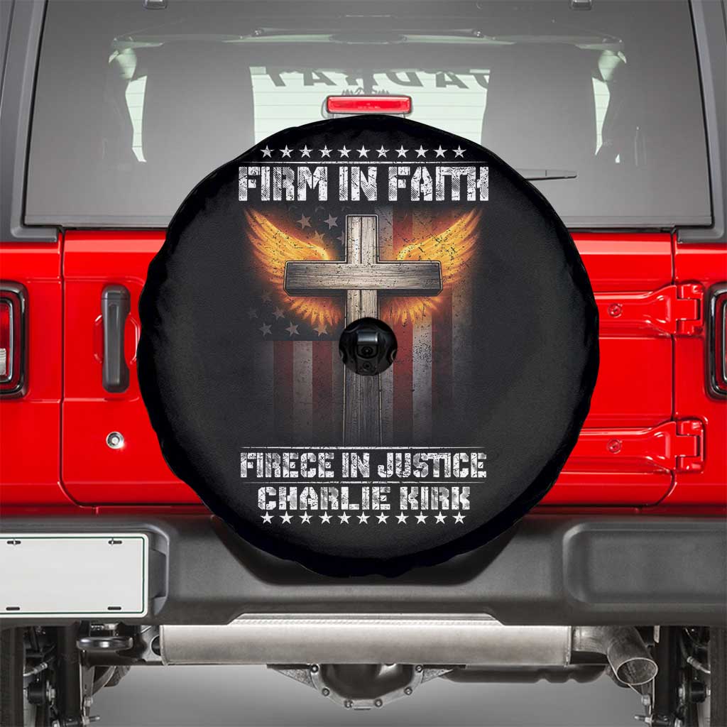 Firm In Faith Fierce In Justice Charlie Kirk Spare Tire Cover Christian Cross American Flag - Wonder Print Shop