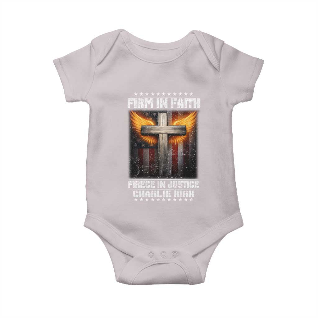 Firm In Faith Fierce In Justice Charlie Kirk Baby Onesie Christian Cross American Flag - Wonder Print Shop