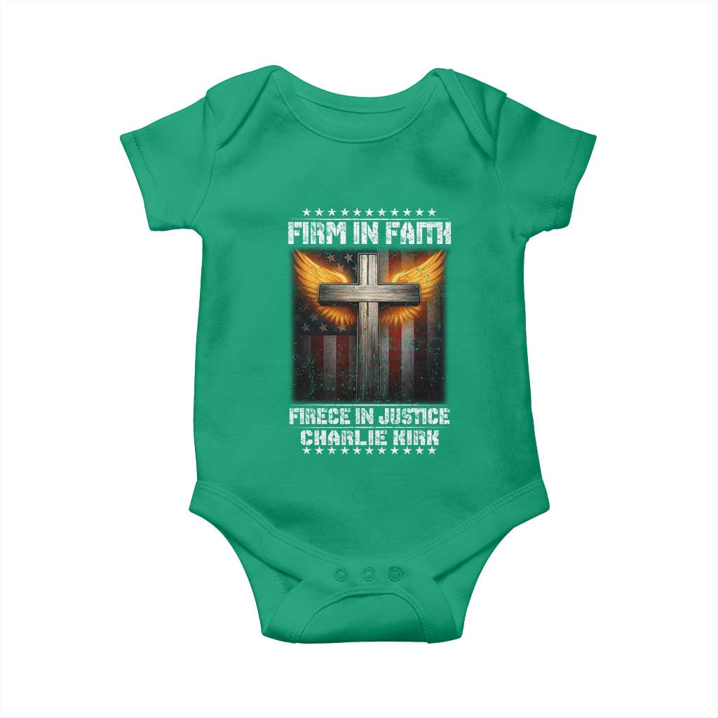 Firm In Faith Fierce In Justice Charlie Kirk Baby Onesie Christian Cross American Flag - Wonder Print Shop