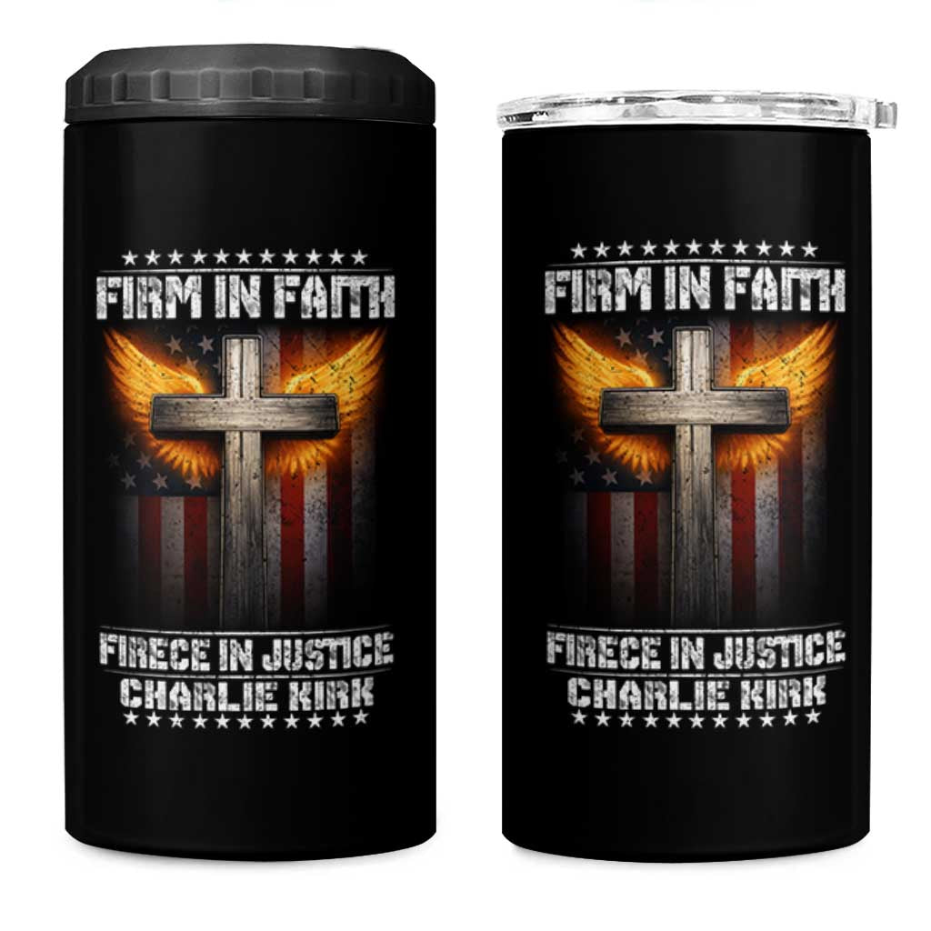 Firm In Faith Fierce In Justice Charlie Kirk 4 in 1 Can Cooler Tumbler Christian Cross American Flag - Wonder Print Shop