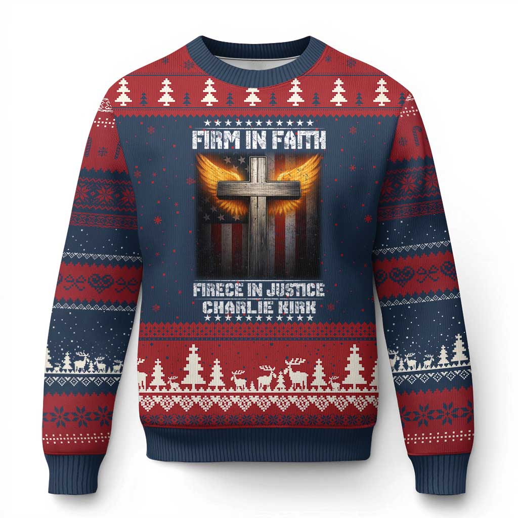 Firm In Faith Fierce In Justice Charlie Kirk Ugly Christmas Sweater Christian Cross American Flag - Wonder Print Shop