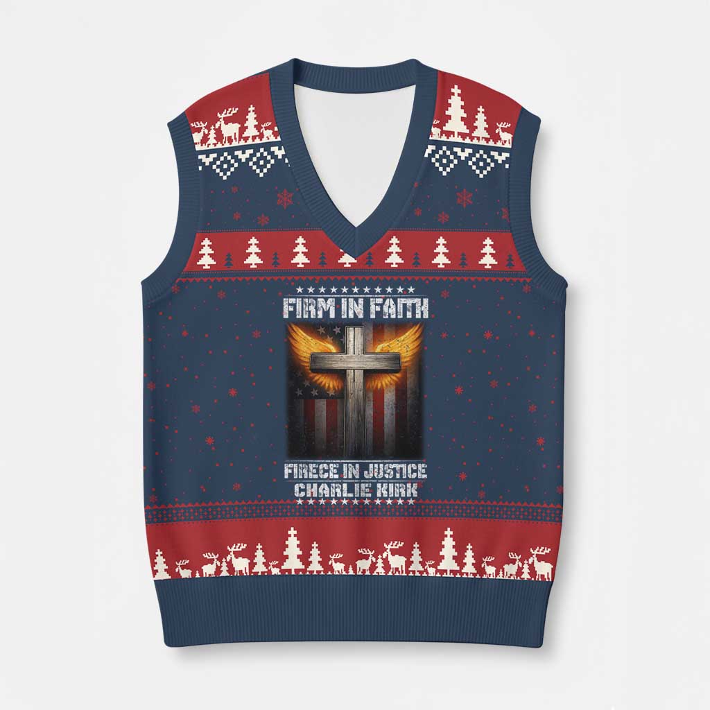 Firm In Faith Fierce In Justice Charlie Kirk V-Neck Knit Sweater Vest Christian Cross American Flag - Wonder Print Shop