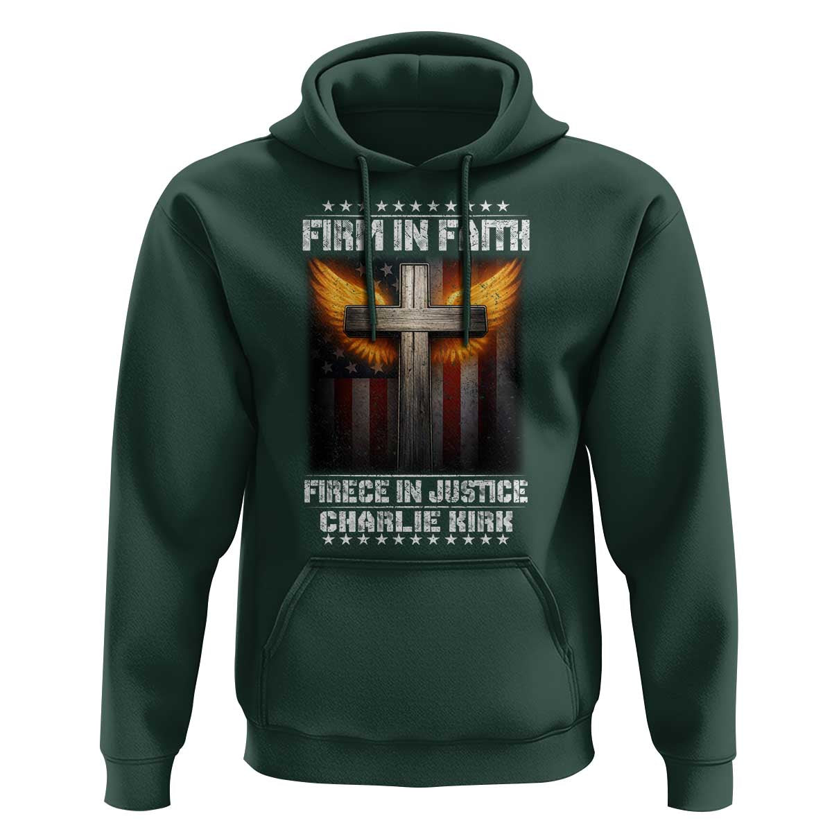 Firm In Faith Fierce In Justice Charlie Kirk Hoodie Christian Cross American Flag - Wonder Print Shop