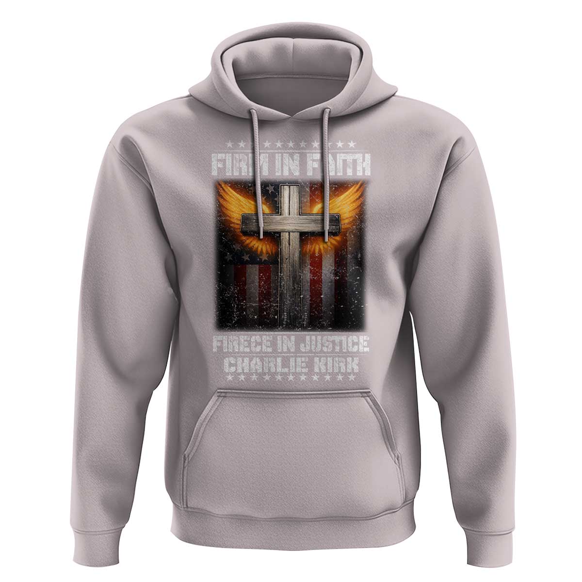 Firm In Faith Fierce In Justice Charlie Kirk Hoodie Christian Cross American Flag - Wonder Print Shop