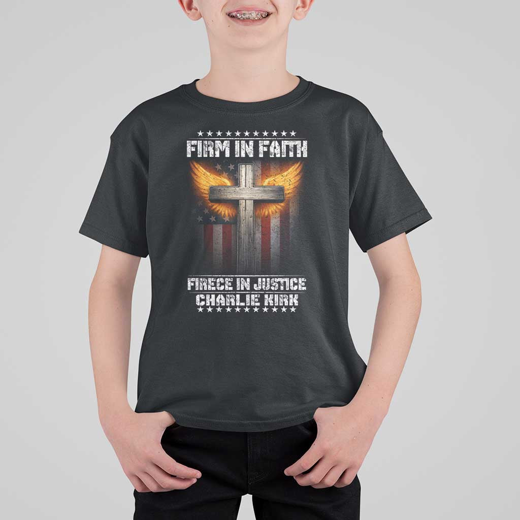Firm In Faith Fierce In Justice Charlie Kirk T Shirt For Kid Christian Cross American Flag - Wonder Print Shop
