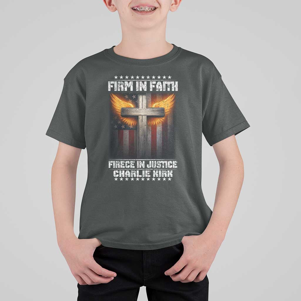 Firm In Faith Fierce In Justice Charlie Kirk T Shirt For Kid Christian Cross American Flag - Wonder Print Shop