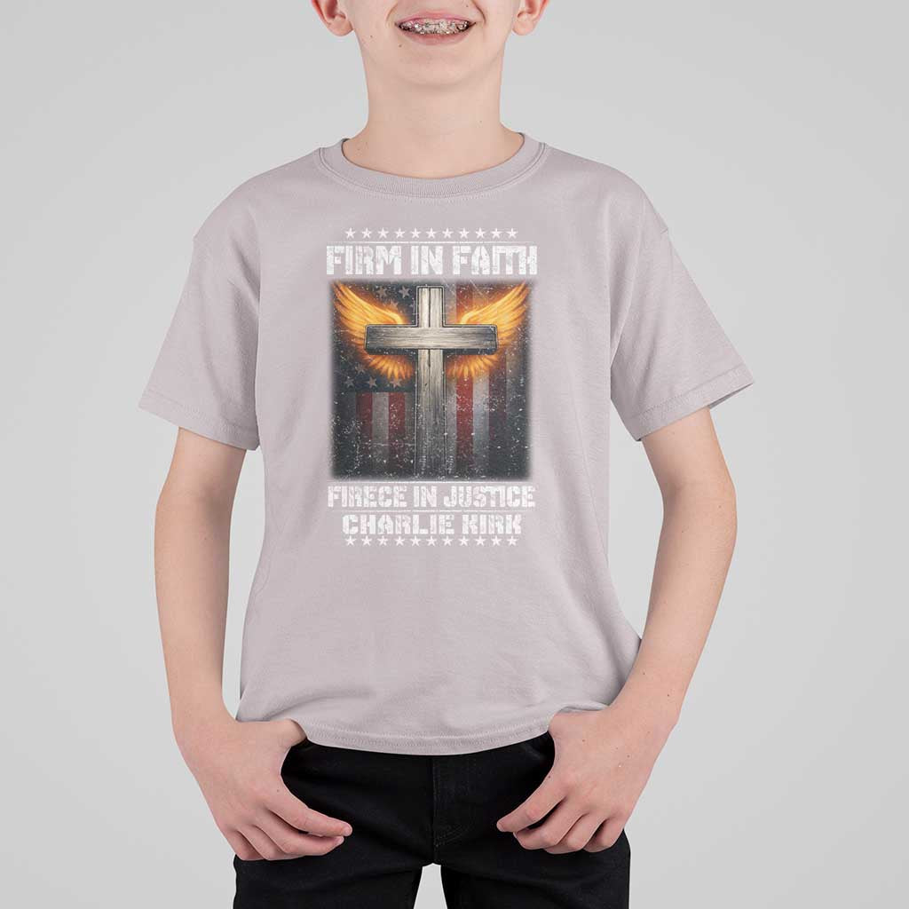 Firm In Faith Fierce In Justice Charlie Kirk T Shirt For Kid Christian Cross American Flag - Wonder Print Shop