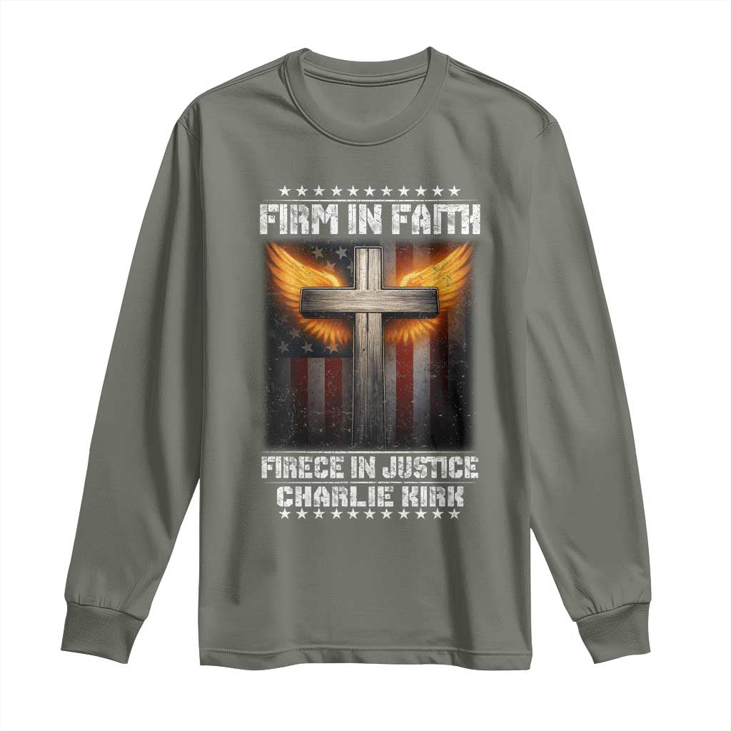 Firm In Faith Fierce In Justice Charlie Kirk Long Sleeve Shirt Christian Cross American Flag - Wonder Print Shop