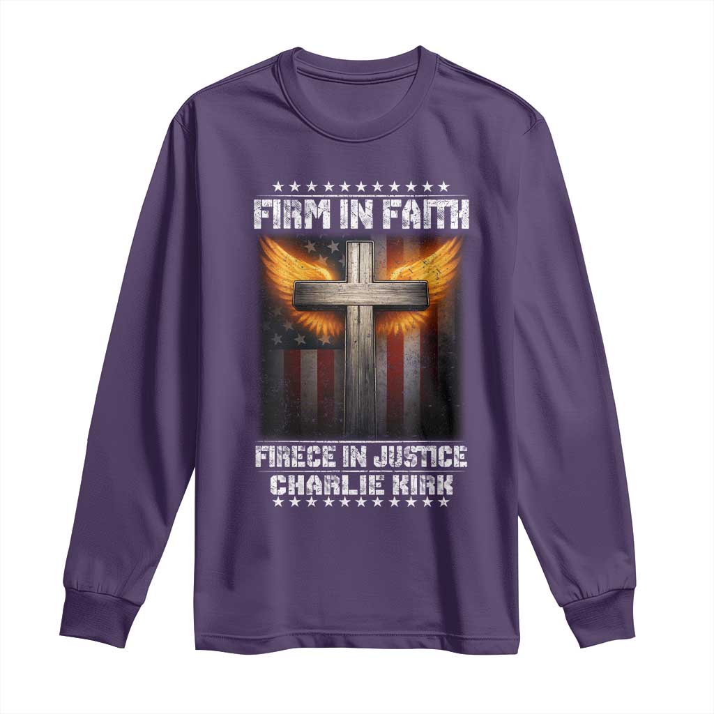 Firm In Faith Fierce In Justice Charlie Kirk Long Sleeve Shirt Christian Cross American Flag - Wonder Print Shop