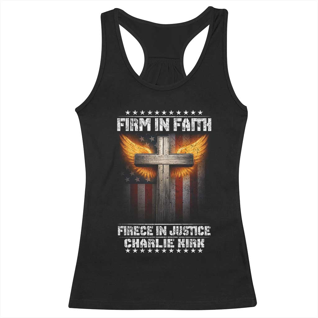 Firm In Faith Fierce In Justice Charlie Kirk Racerback Tank Top Christian Cross American Flag - Wonder Print Shop