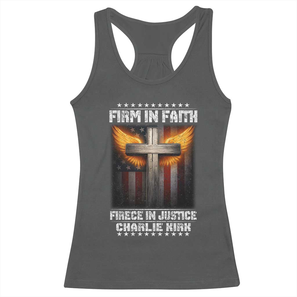 Firm In Faith Fierce In Justice Charlie Kirk Racerback Tank Top Christian Cross American Flag - Wonder Print Shop