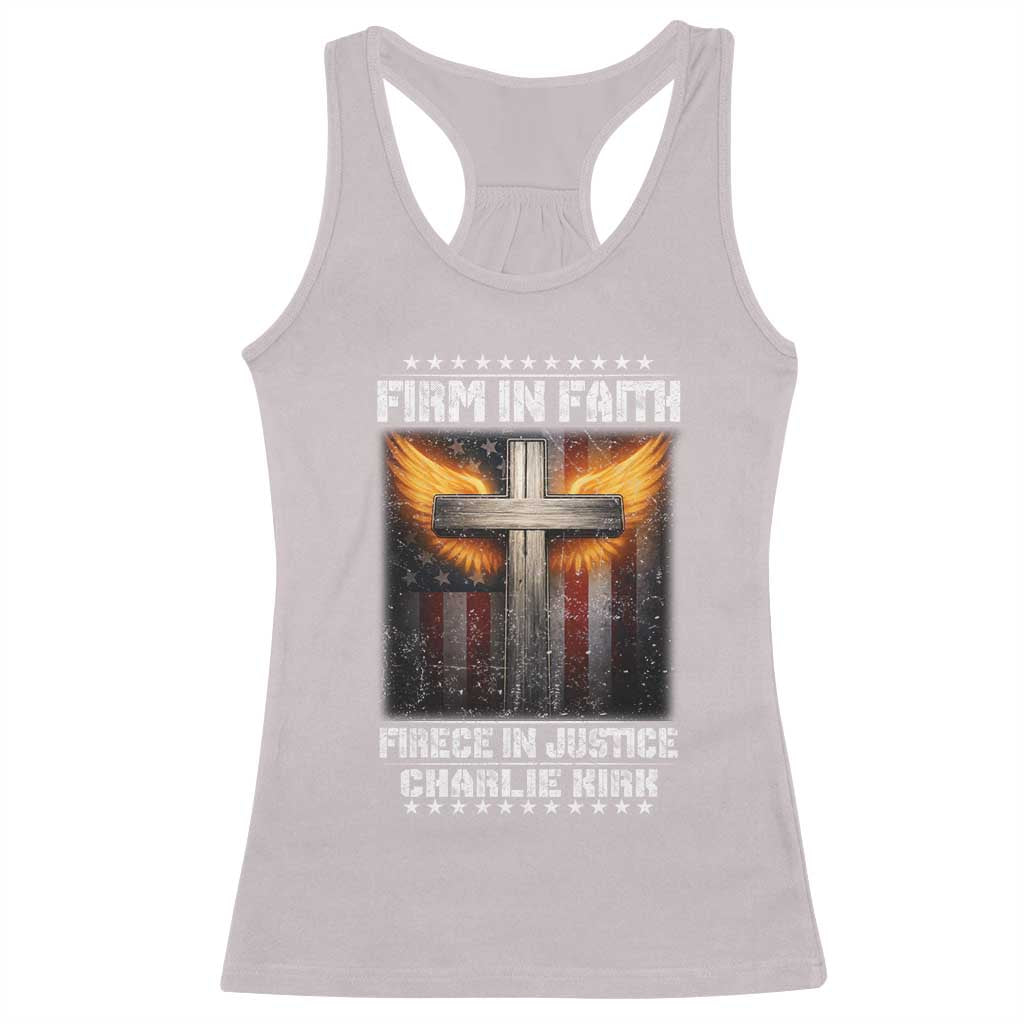 Firm In Faith Fierce In Justice Charlie Kirk Racerback Tank Top Christian Cross American Flag - Wonder Print Shop