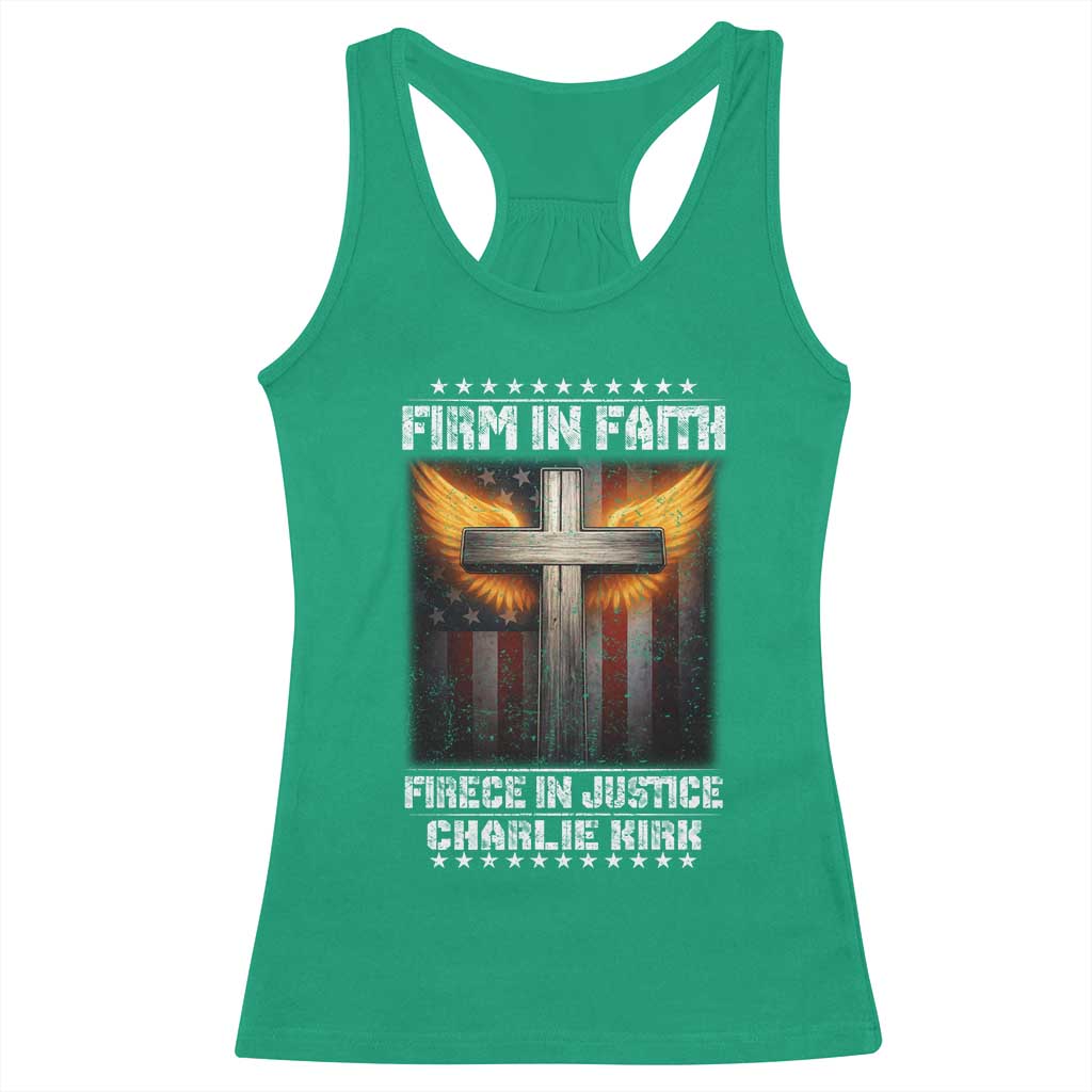Firm In Faith Fierce In Justice Charlie Kirk Racerback Tank Top Christian Cross American Flag - Wonder Print Shop