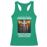 Firm In Faith Fierce In Justice Charlie Kirk Racerback Tank Top Christian Cross American Flag - Wonder Print Shop