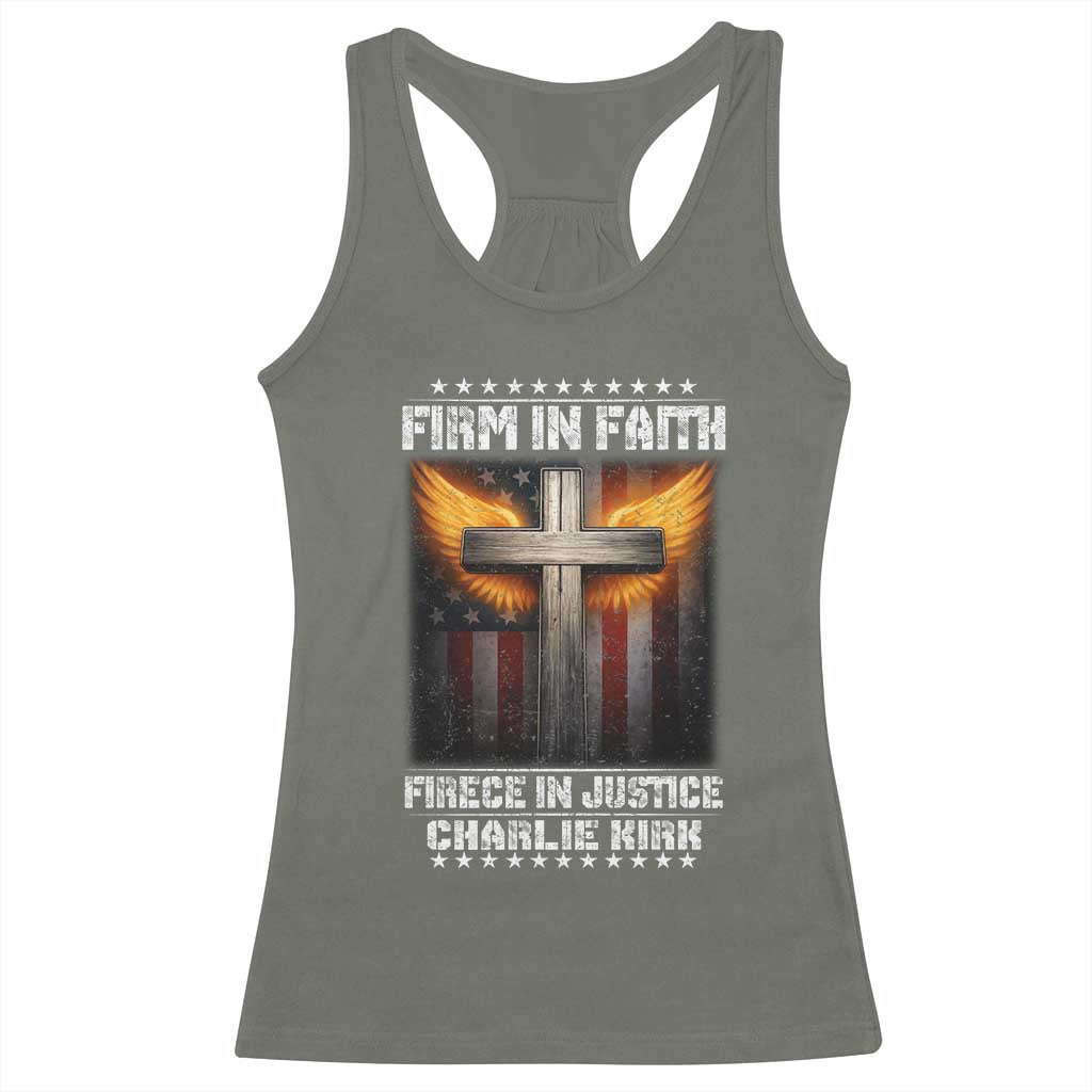 Firm In Faith Fierce In Justice Charlie Kirk Racerback Tank Top Christian Cross American Flag - Wonder Print Shop