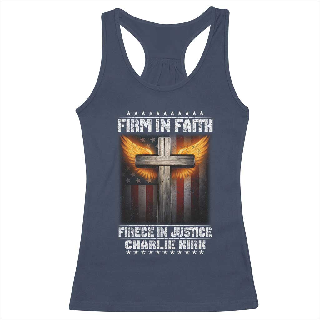 Firm In Faith Fierce In Justice Charlie Kirk Racerback Tank Top Christian Cross American Flag - Wonder Print Shop