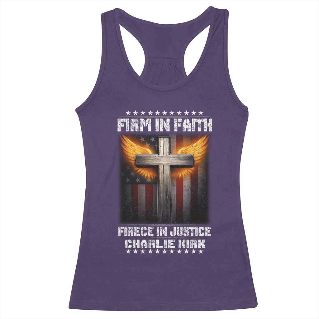 Firm In Faith Fierce In Justice Charlie Kirk Racerback Tank Top Christian Cross American Flag - Wonder Print Shop