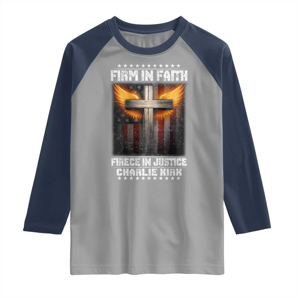 Firm In Faith Fierce In Justice Charlie Kirk Raglan Shirt Christian Cross American Flag - Wonder Print Shop