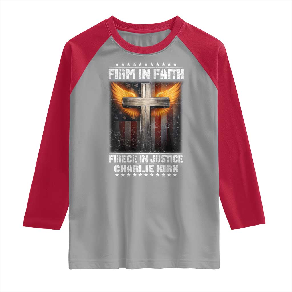 Firm In Faith Fierce In Justice Charlie Kirk Raglan Shirt Christian Cross American Flag - Wonder Print Shop