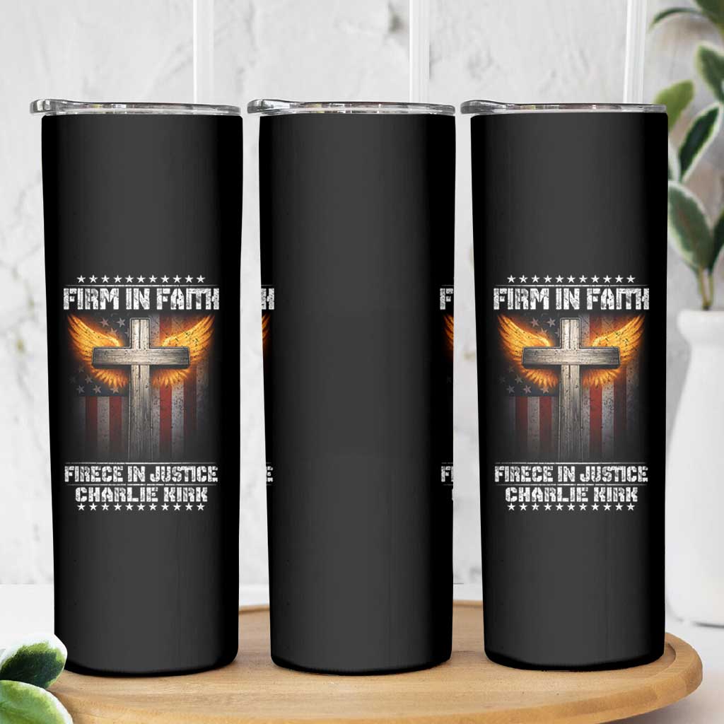 Firm In Faith Fierce In Justice Charlie Kirk Skinny Tumbler Christian Cross American Flag - Wonder Print Shop