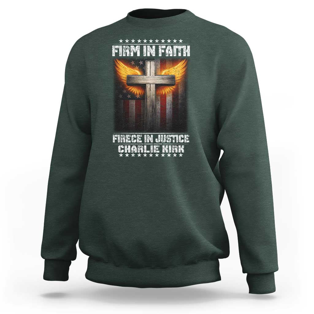 Firm In Faith Fierce In Justice Charlie Kirk Sweatshirt Christian Cross American Flag - Wonder Print Shop