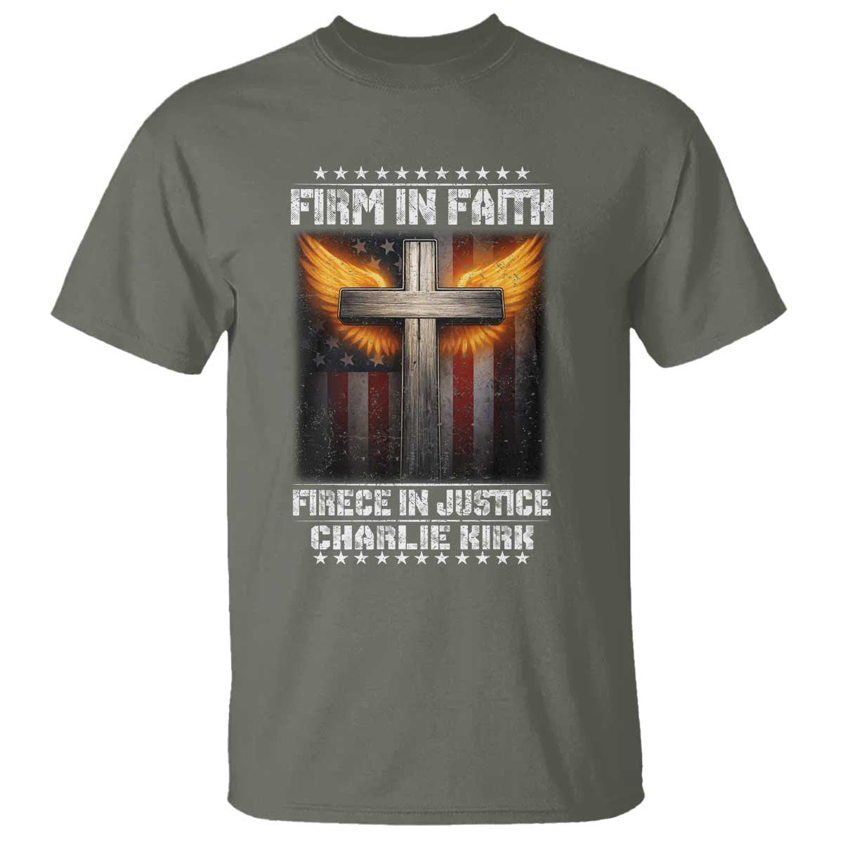 Firm In Faith Fierce In Justice Charlie Kirk T Shirt Christian Cross American Flag - Wonder Print Shop
