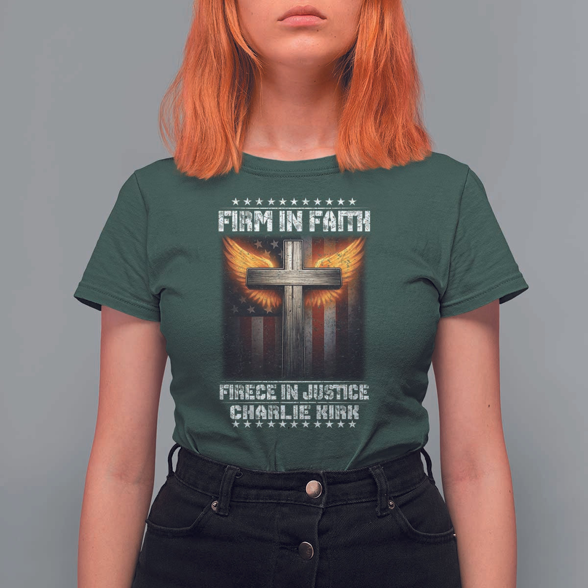 Firm In Faith Fierce In Justice Charlie Kirk T Shirt For Women Christian Cross American Flag - Wonder Print Shop