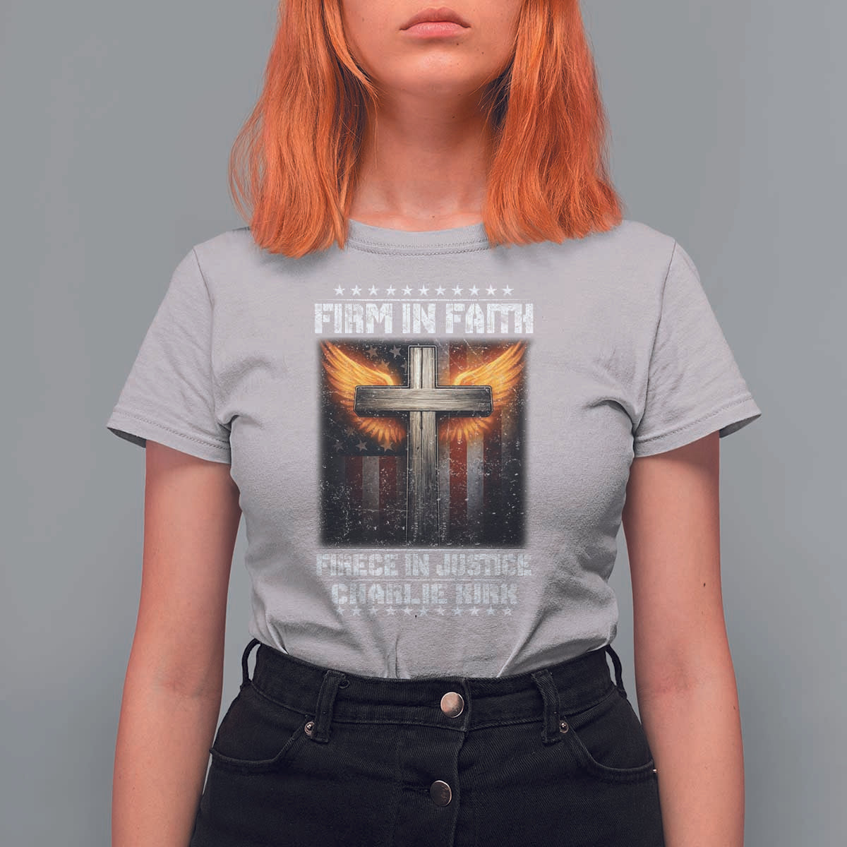 Firm In Faith Fierce In Justice Charlie Kirk T Shirt For Women Christian Cross American Flag - Wonder Print Shop