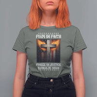 Firm In Faith Fierce In Justice Charlie Kirk T Shirt For Women Christian Cross American Flag - Wonder Print Shop